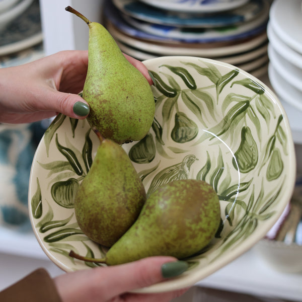 Partridge in a Pear Tree Hand Painted Sgraffito Bowl - Green