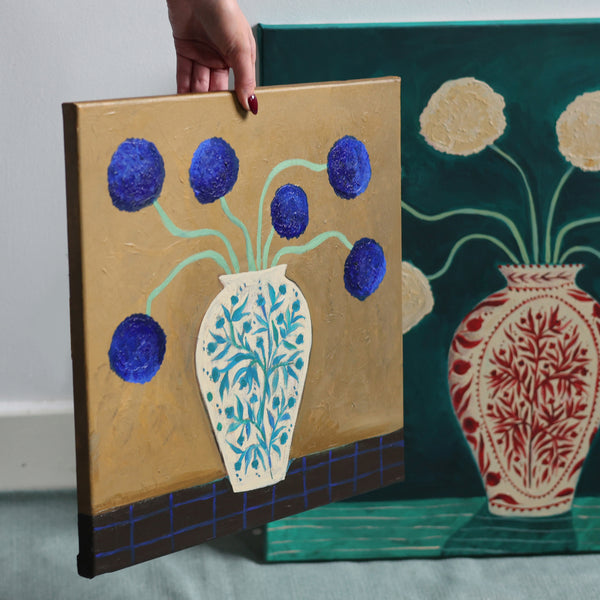 Teal Pomegranate Vase - Original Canvas Painting