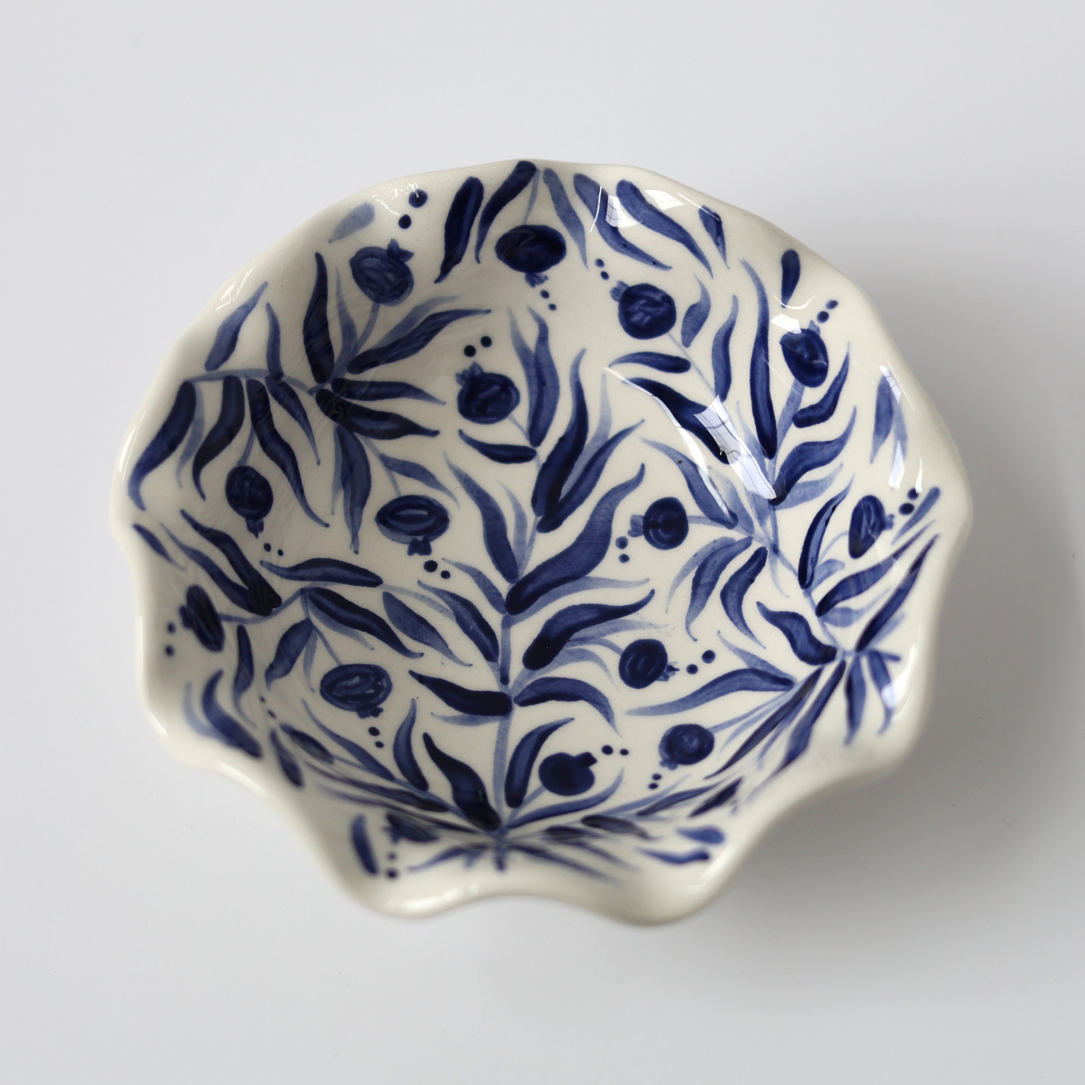 Hand Painted Pomegranate Scalloped Bowl - Deep Blue