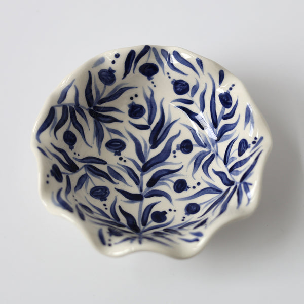 Hand Painted Pomegranates Scalloped Bowl - Deep Blue
