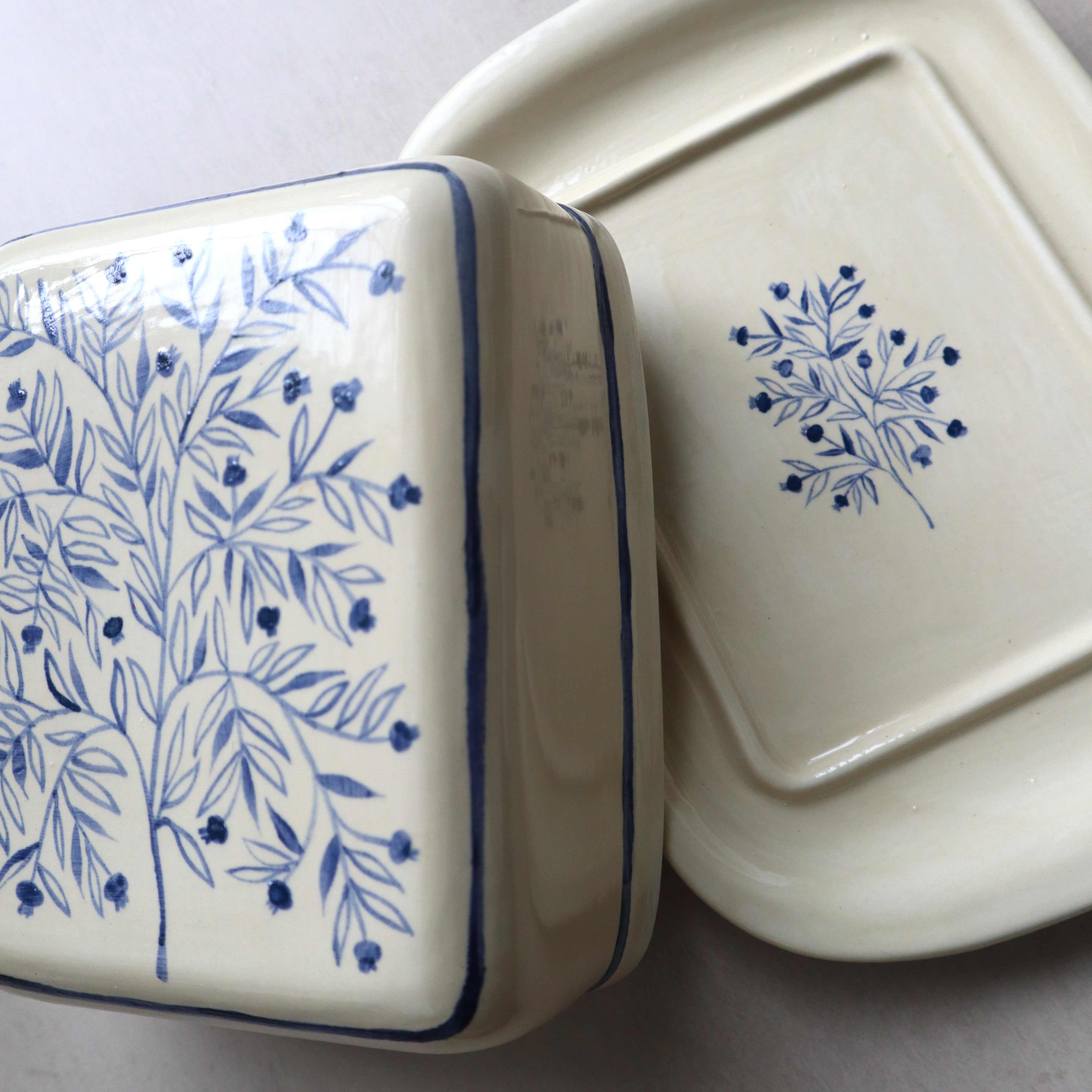 Hand Painted Pomegranate Tree Butter Dish - Blue