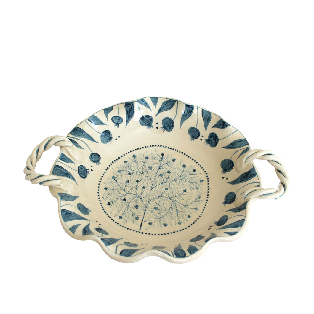 Hand Painted Pomegranate Fruit Bowl with Handles - Dark Teal