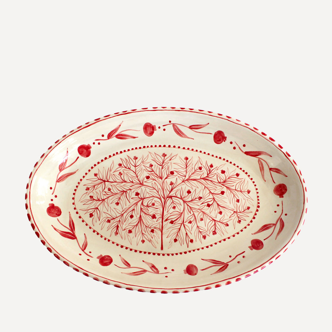 Hand Painted Pomegranate Oval Platter - Red