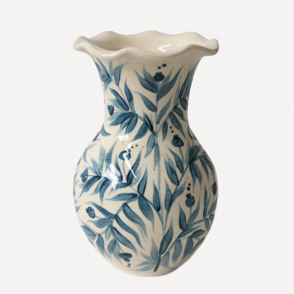 Pomegranate Hand Painted Scalloped Vase - Teal