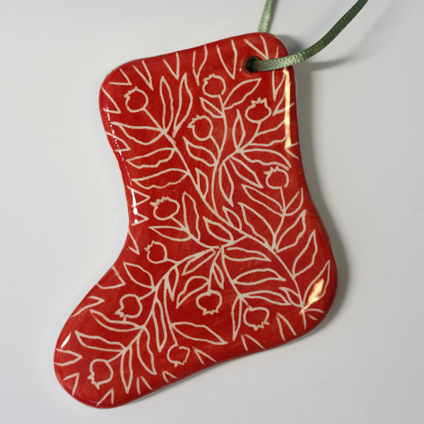 Hand Painted Ceramic Christmas Stocking Ornament - Green