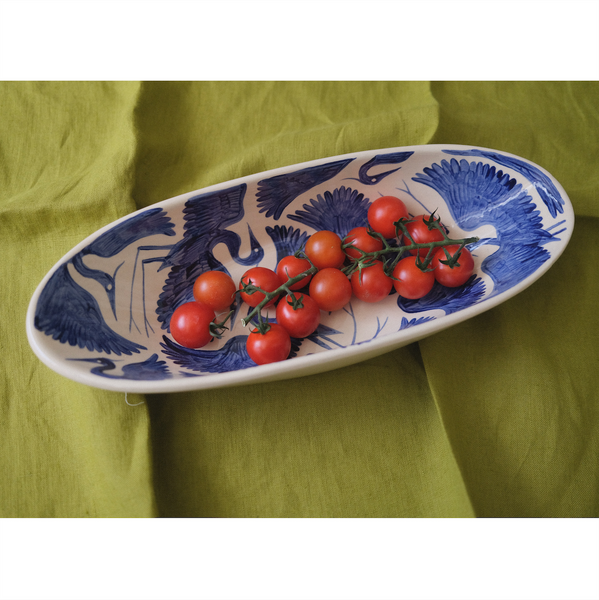 Seconds Sale - Herons Hand Painted  Oval Bowl – Deep Blue