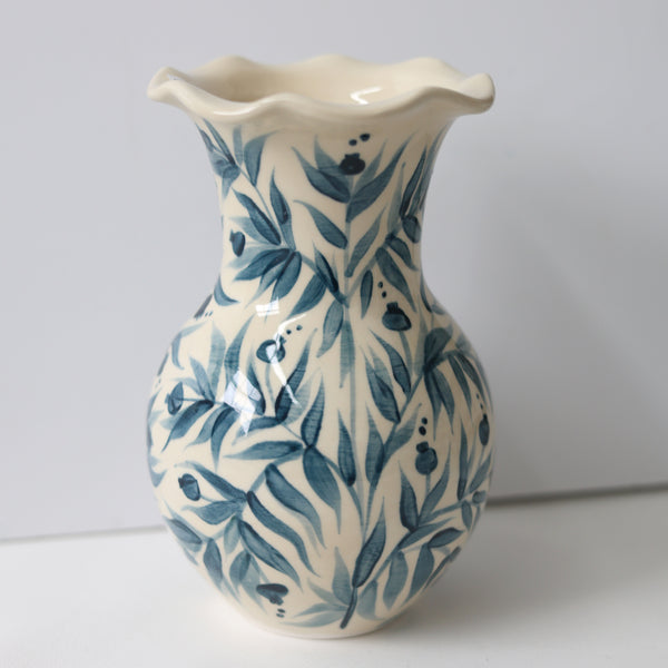 Pomegranate Hand Painted Scalloped Vase - Teal