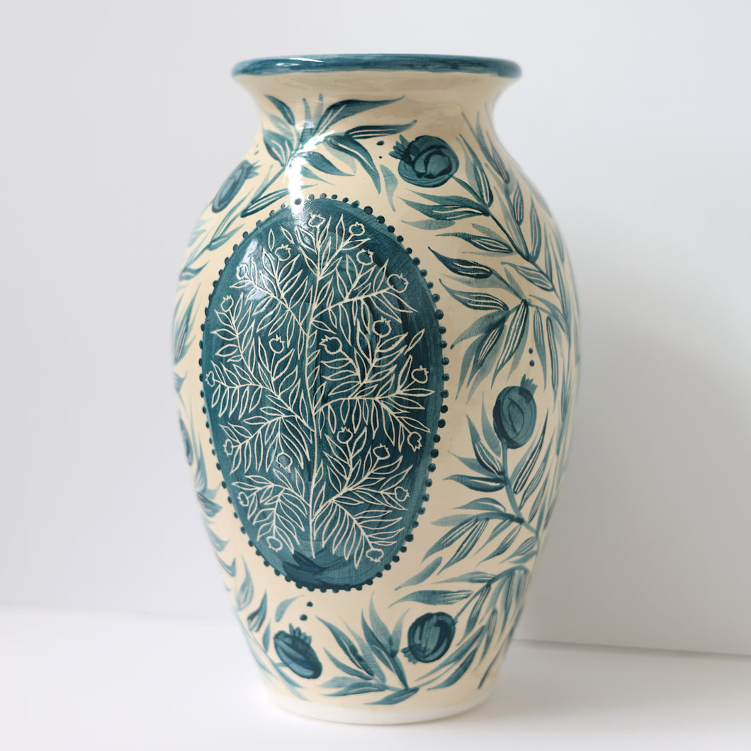 Hand Painted Sgraffito Pomegranate Vase - Teal