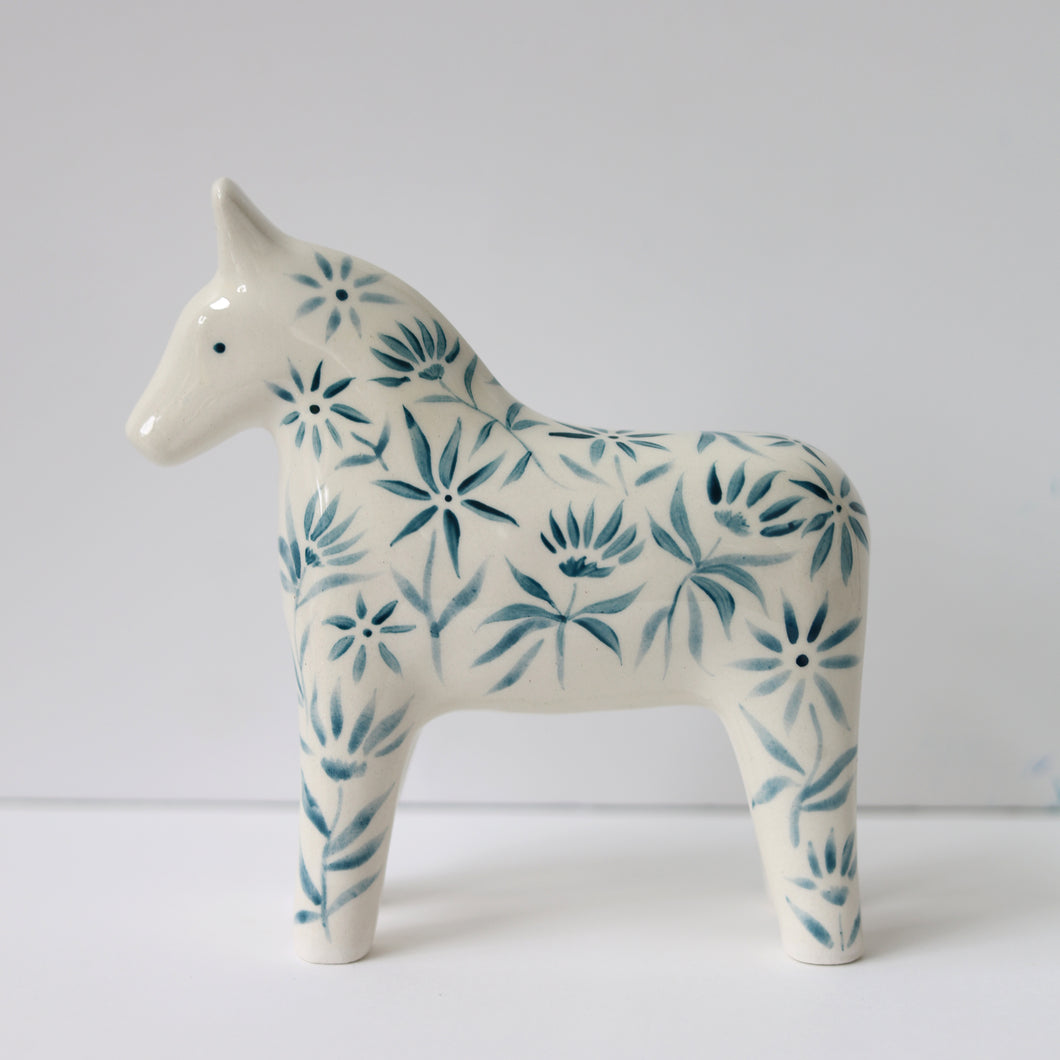 Hand Painted Ceramic Dala Horse - Teal Floral
