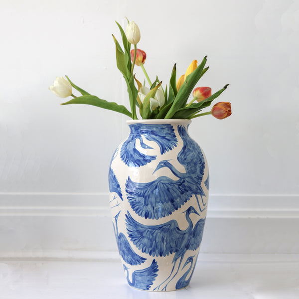 XL Blue Herons Vase | Hand-Painted Ceramic Vase