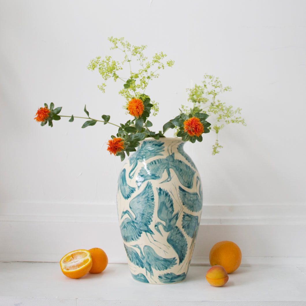 Extra Large XL Hand Painted Herons Vase - Teal