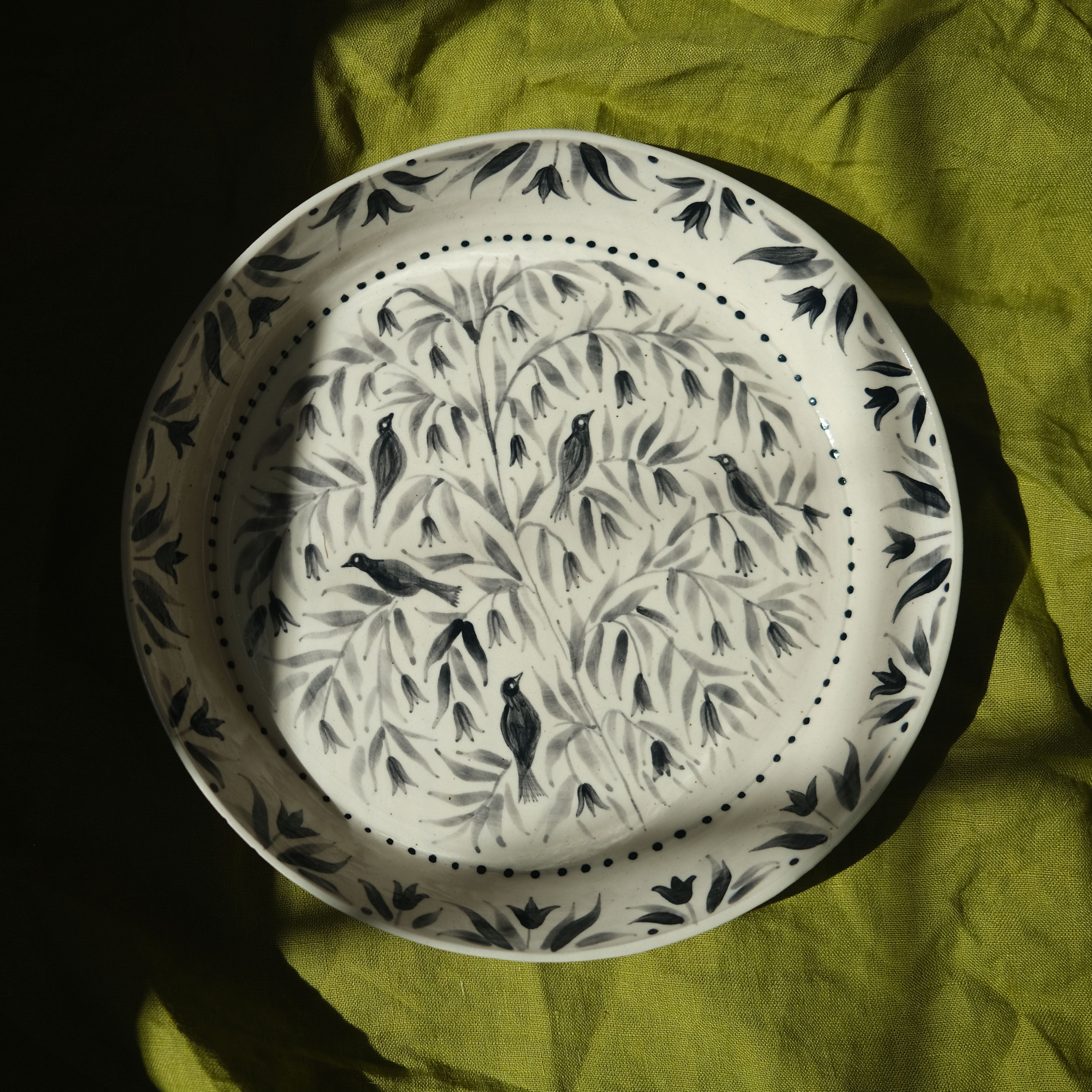 Hand Painted Blackbirds Stoneware Shallow Bowl