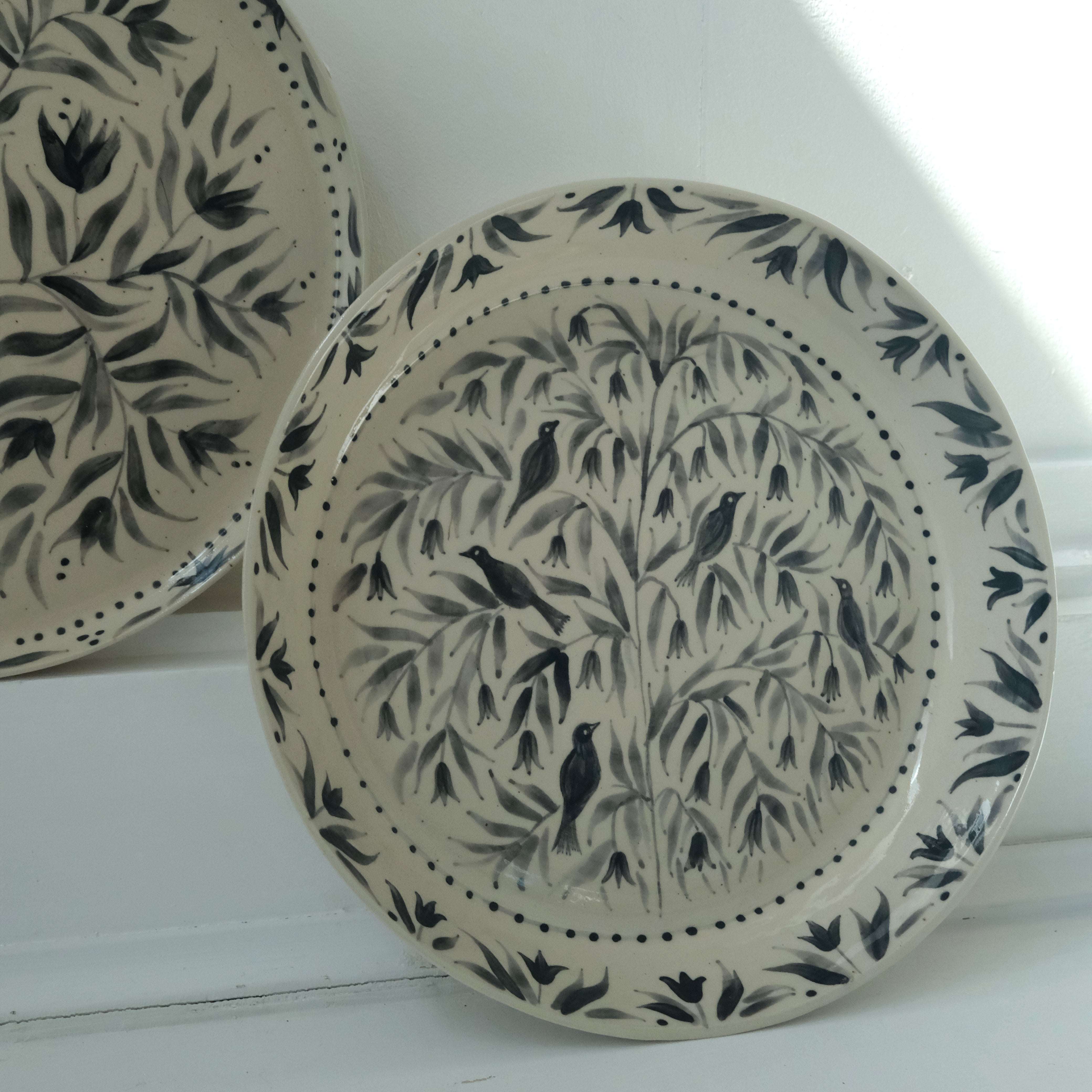 Hand Painted Blackbirds Stoneware Shallow Bowl
