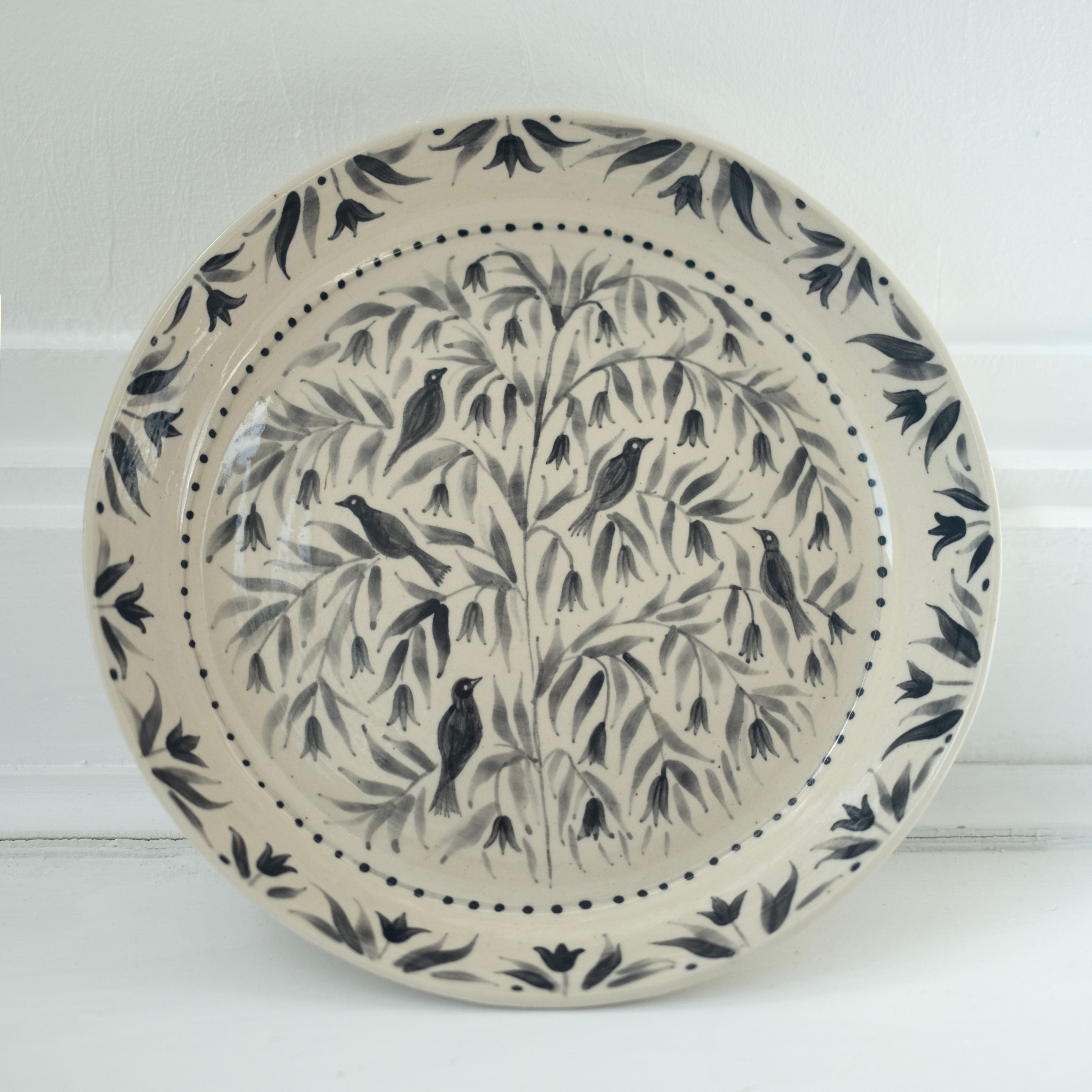 Hand Painted Blackbirds Stoneware Shallow Bowl