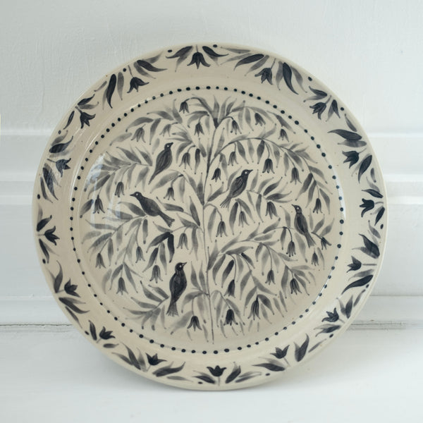 Hand Painted Blackbirds Stoneware Shallow Bowl