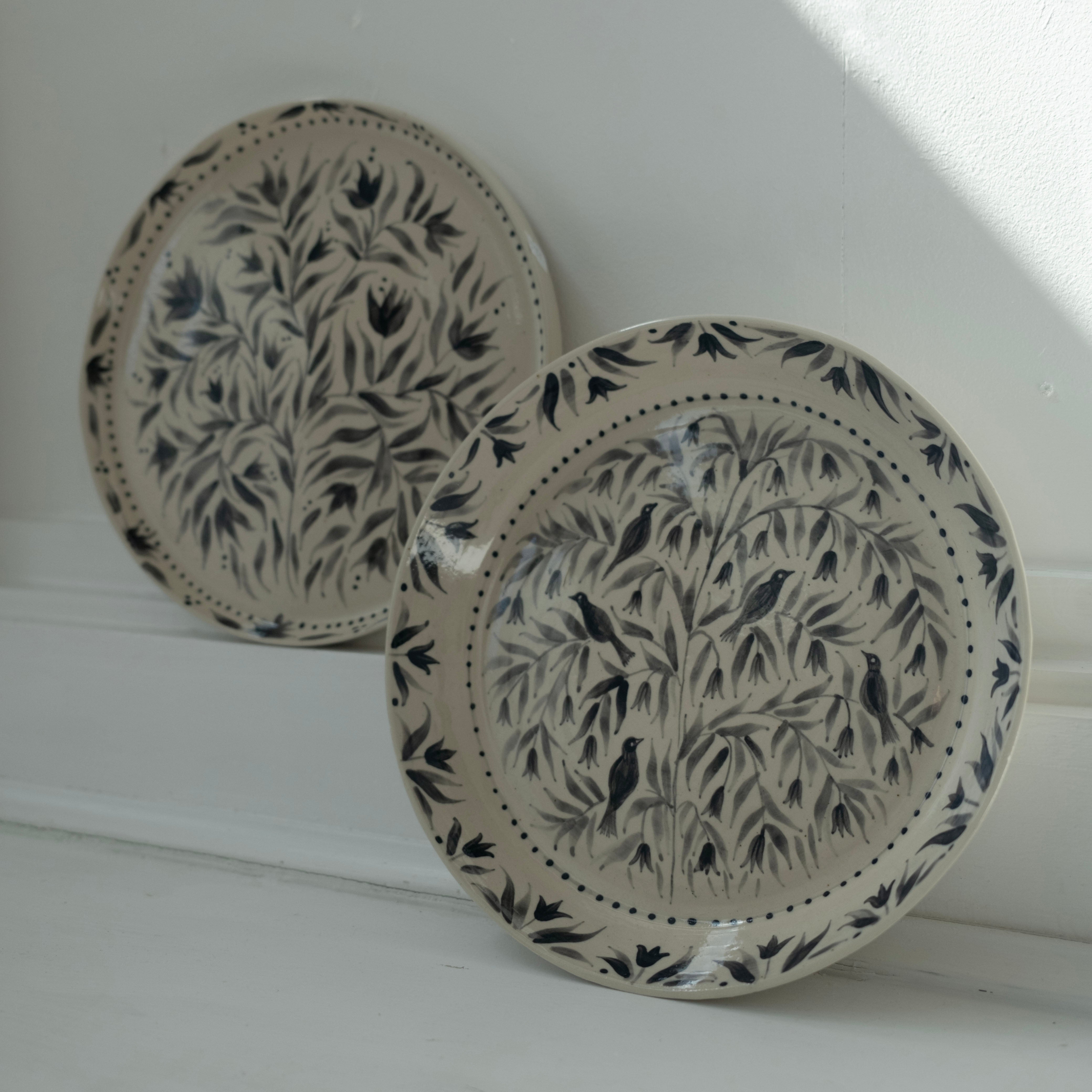Hand Painted Blackbirds Stoneware Shallow Bowl