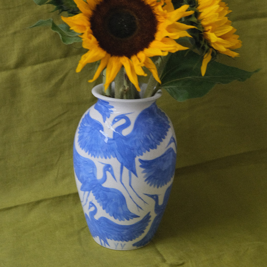 Seconds Sale: Large Hand Painted Herons Vase - Bright Blue