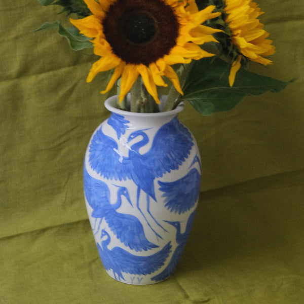 Seconds Sale: Large Hand Painted Herons Vase - Bright Blue