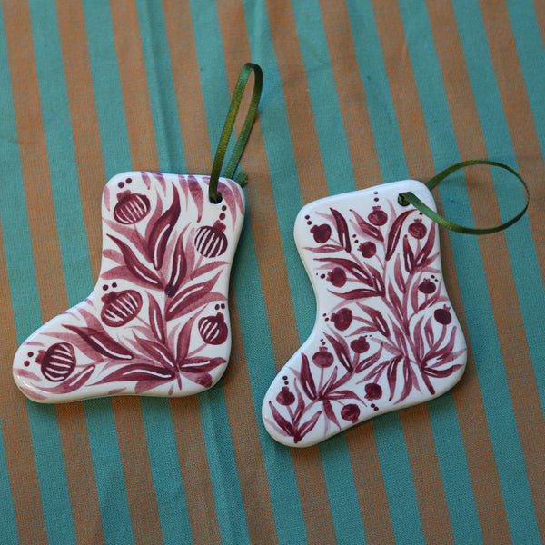 Pair of Hand Painted Ceramic Christmas Stocking Ornaments