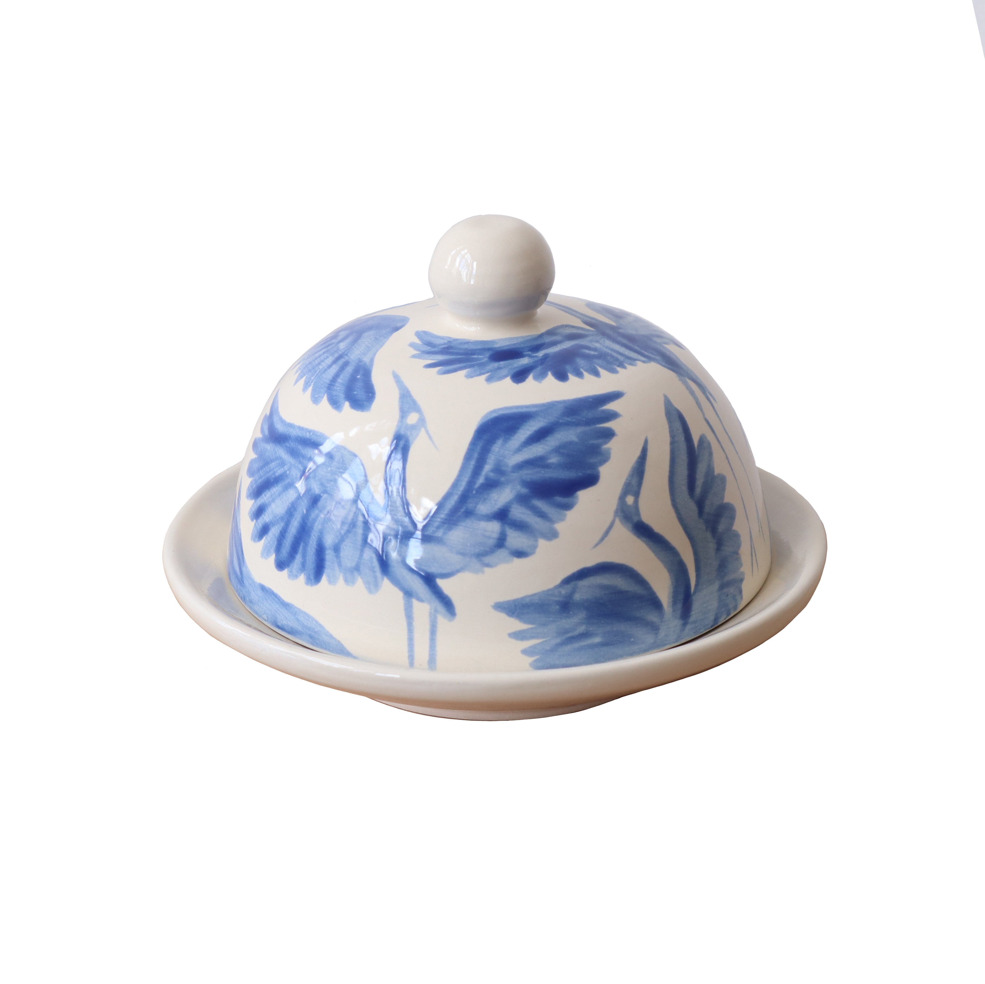 Herons Hand Painted Round Jam/ Butter Dish - Royal Blue