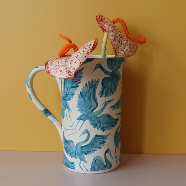 Large Hand Painted Herons Jug Pitcher Vase - Teal