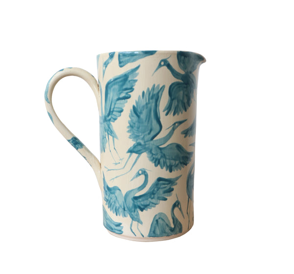 Large Hand Painted Herons Jug Pitcher Vase - Teal