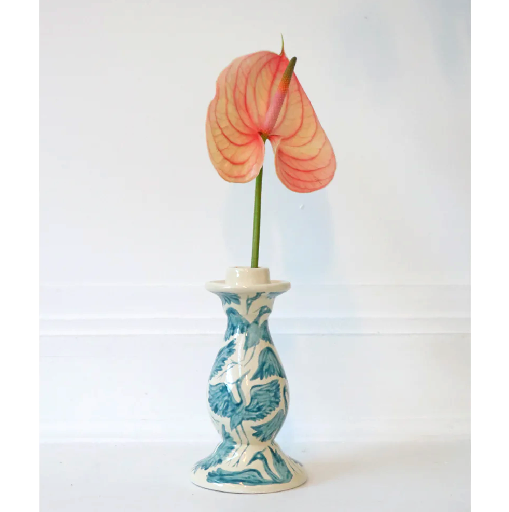 Hand Painted Herons Candlestick - Teal