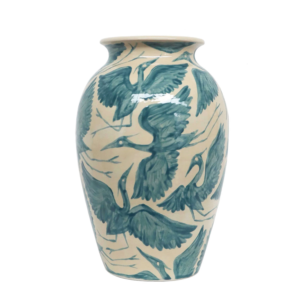 Hand Painted Teal Herons Classic Vase - Large