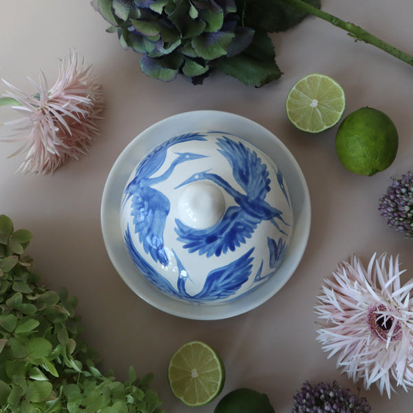 Herons Hand Painted Round Jam/ Butter Dish - Royal Blue