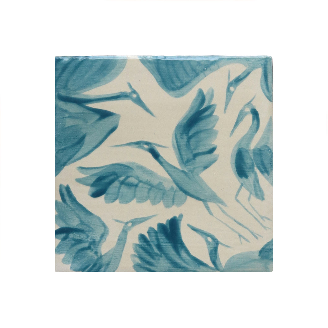 Herons Hand Painted Ceramic Tile / Coaster - Teal