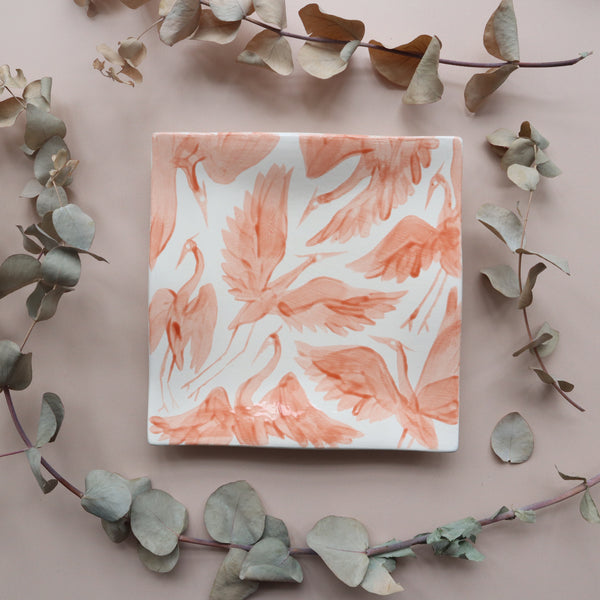 Large Hand Painted Heron Trinket Dish - Coral