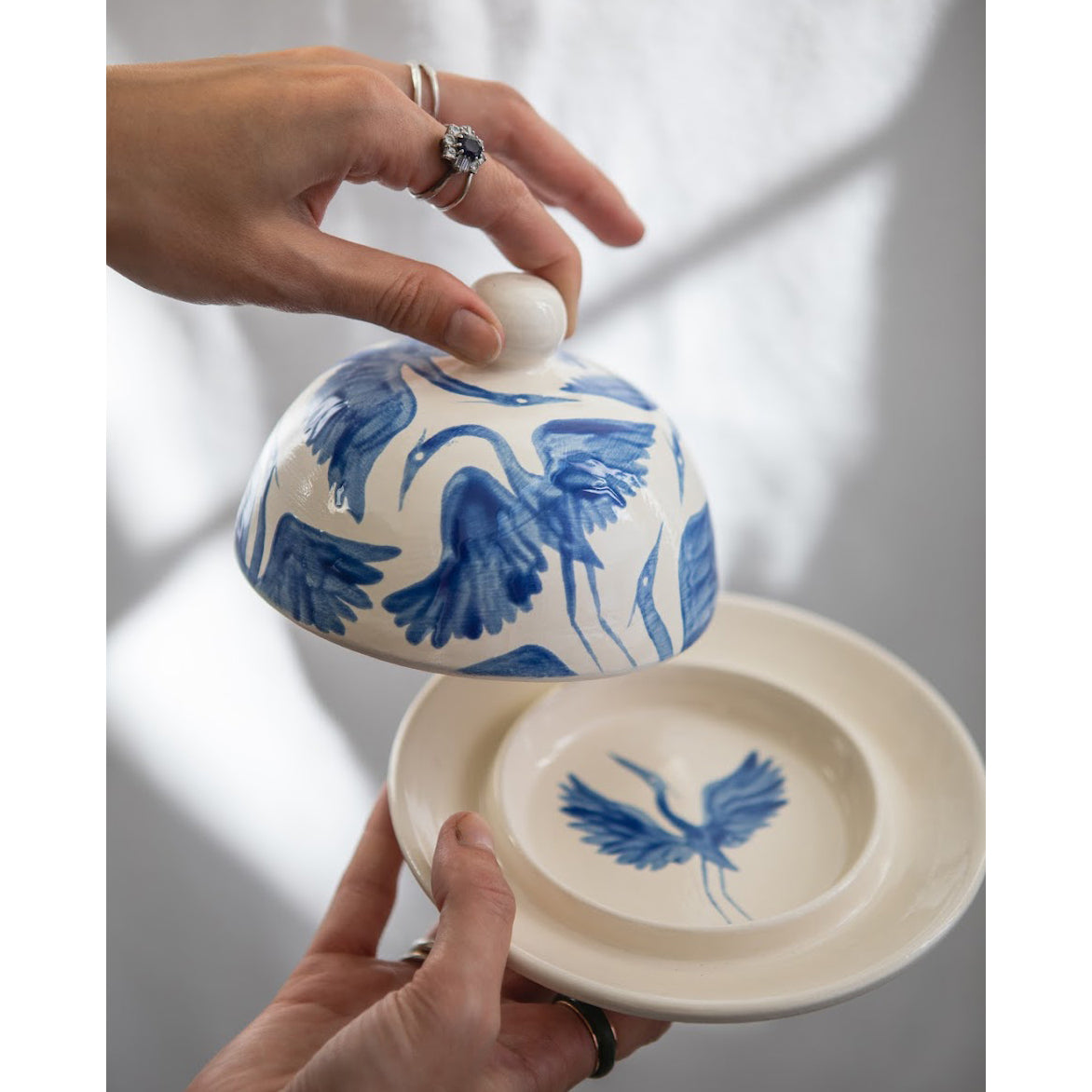 Herons Hand Painted Round Jam/ Butter Dish - Royal Blue